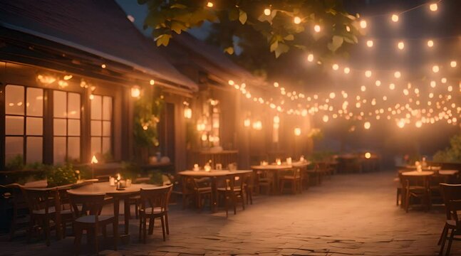 A photorealistic image of an outside hidden cafe at night, with twinkling fairy lights draped over rustic wooden tables