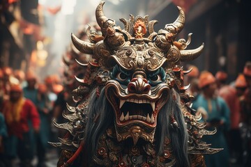 Masked dancer in vibrant festival procession, Asian city.