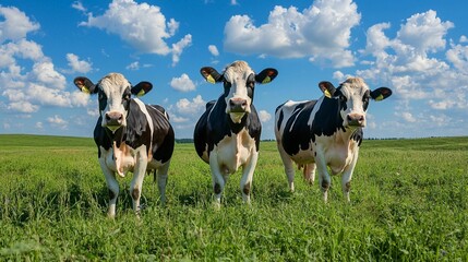 Three Adorable Black and White Cows Standing in Lush Green Grass Under a Brilliant Blue Sky with Fluffy White Clouds, Capturing the Beauty of Rural Life and Agriculture