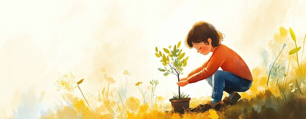 Child planting a small tree in a sunny field.