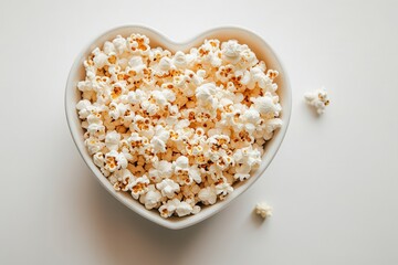 A white background with an isolated white heart-shaped dish of fresh popcorn. Generative Ai