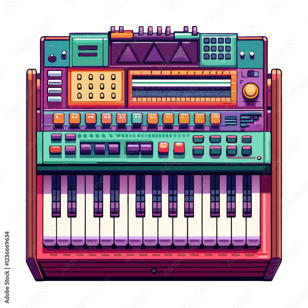 Poster retro synthesizer keyboard with colorful buttons and controls