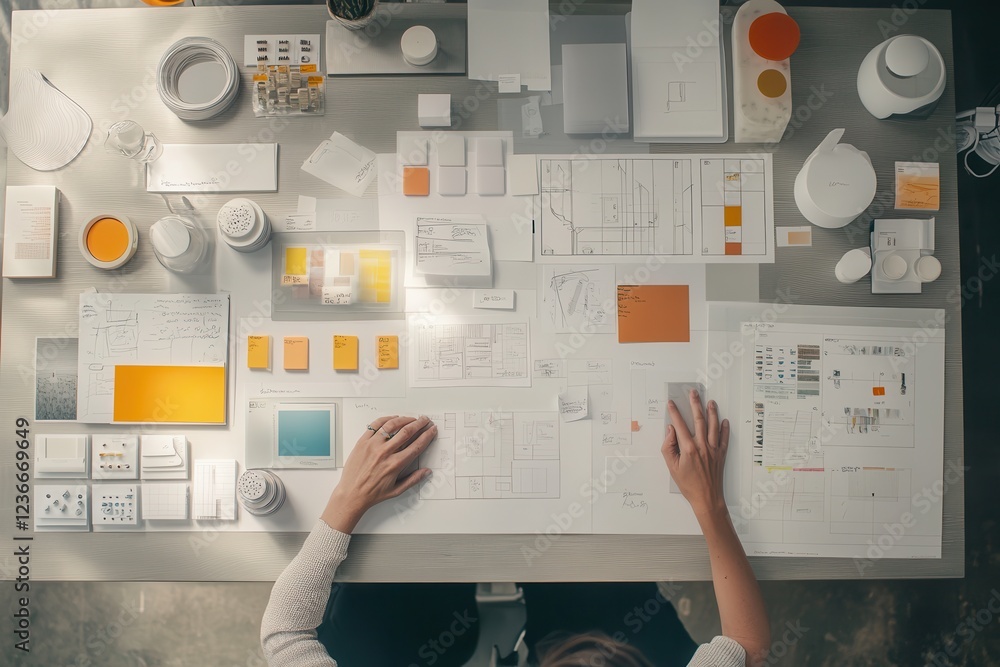 Poster creative workspace filled with design documents and materials during a brainstorming session in a br