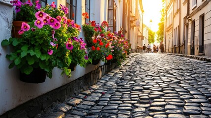 Fototapeta premium Colorful Flower-Lined Cobblestone Street at Sunset in a Charming European Village