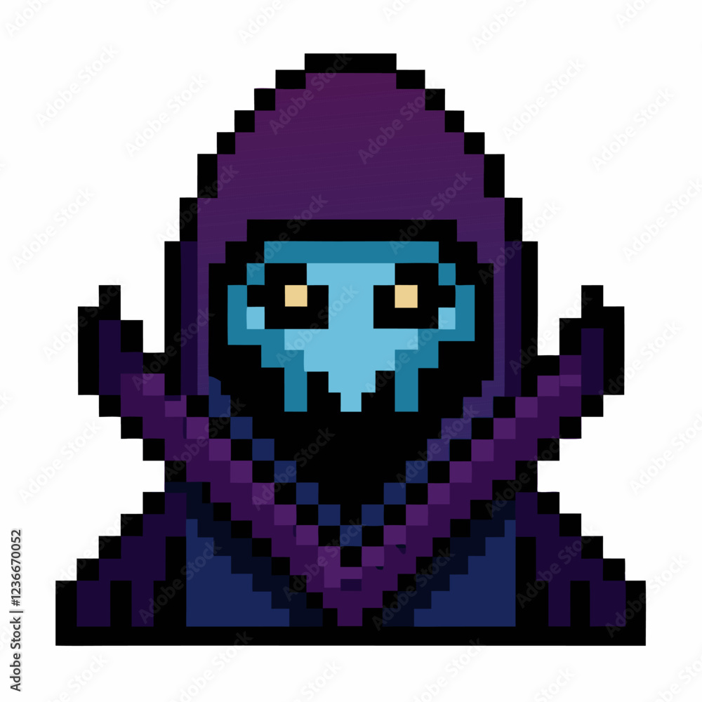 Poster pixel art hooded figure retro video game character design in 8 bit style