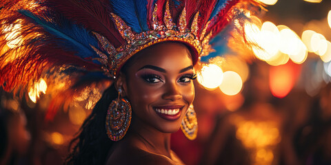 Fototapeta premium A close-up of a carnival dancer dressed in a stunning costume, adorned with colorful feathers and sparkling jewels, celebrating at the lively Santa Cruz de Tenerife carnival