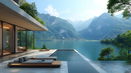 Modern house with infinity pool overlooking lake and mountains.