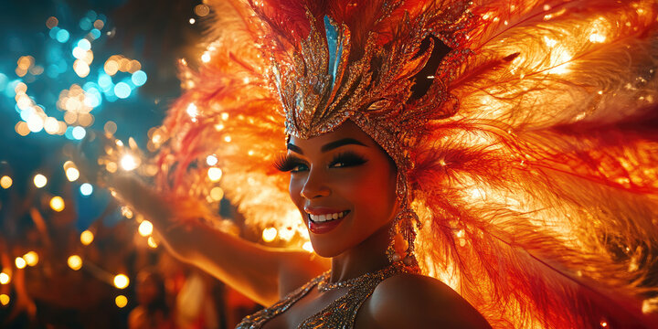A close-up of a carnival dancer dressed in a stunning costume, adorned with colorful feathers and sparkling jewels, celebrating at the lively Santa Cruz de Tenerife carnival
