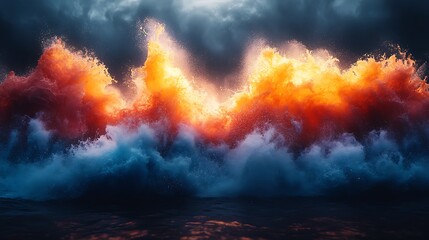 Fototapeta premium Fiery orange waves crash against dark blue ocean water
