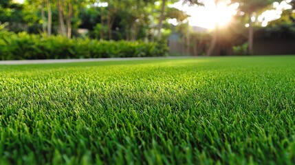A lush green lawn with a bright sun shining on it