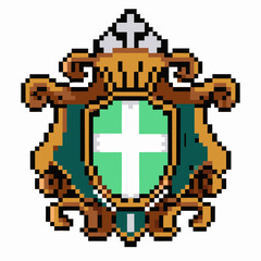 Obraz premium Pixel art medieval shield with white cross emblem, vintage gaming style, retro design, 8 bit crest illustration