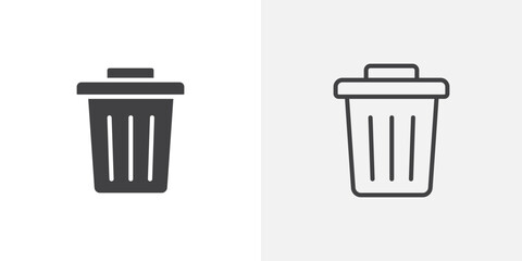 Trash Bin icon vector set in black flat and line stroke style