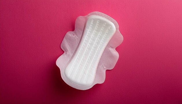 Sanitary pad on pink background, top view