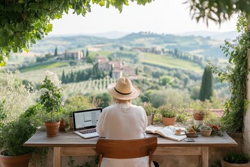 Working remotely in a peaceful countryside setting with stunning views of rolling hills and vineyards. Generative AI