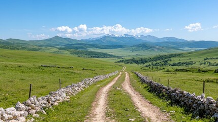 Fototapeta premium Dirt road winding through green pastures flanked by stone walls under a blue sky with distant mountains.