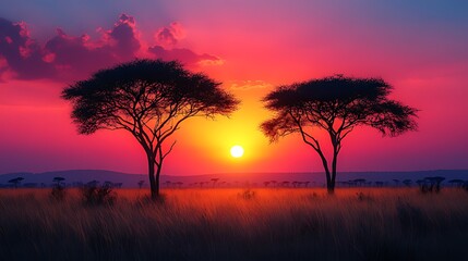 Vibrant sunset over savanna with two acacia trees silhouetted against the sky.