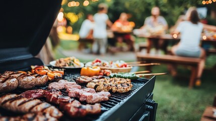 Grilling assorted meats and vegetables on a barbecue during a sunny day at a backyard gathering with family and friends