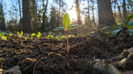 Close-up of a sprout emerging from the earth with light rays piercing through surrounding trees, highlighting its tender growth.