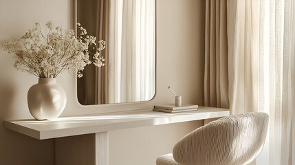 Sunlit vanity with dried flowers, books, and a textured chair.  A minimalist, calming aesthetic.