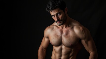 Fototapeta premium A man with a muscular chest and a beard stands in front of a black background