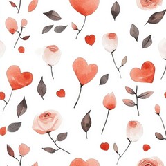 A pattern of hand-painted watercolor hearts and roses, in soft pink and red tones, on a white background, delicate and elegant