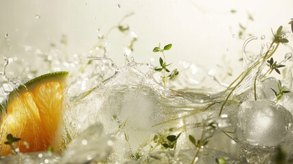 Refreshing Citrus Splash: Thyme and Ice Cubes in Crystal Clear Water