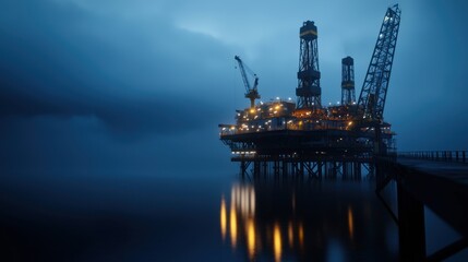 Obraz premium A large oil rig is sitting in the water with a foggy sky in the background