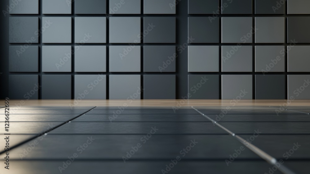 Poster realistic chaos design background featuring textured black tiles and abstract geometric wall pattern