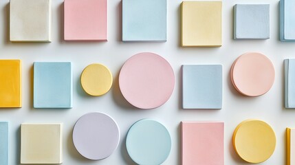 Fototapeta premium Colorful Geometric Shapes in Pastel Tones on White Surface
