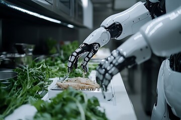 Robotic arm preparing food in a modern kitchen.