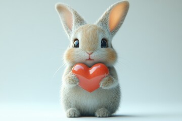 Fototapeta premium Cute Fluffy Cartoon Rabbit Holding a Red Heart
