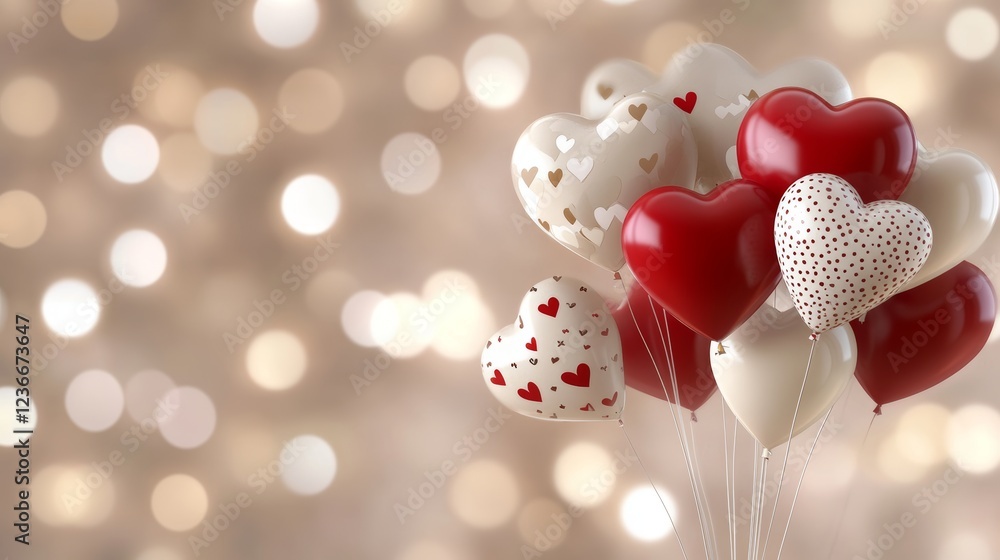 Poster happy valentines background featuring heart-shaped balloons with a warm bokeh effect ideal for desig