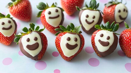 Obraz premium Chocolate-dipped strawberries with expressive emoji faces drawn in white chocolate, displayed on a fun polka-dot background