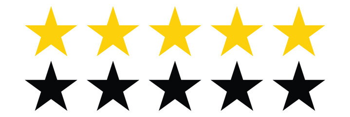  Gold And Black Stars quality rating icon. Five yellow star product quality rating. Golden star vector icons. Stars in modern simple with shadow - stock vector. 
