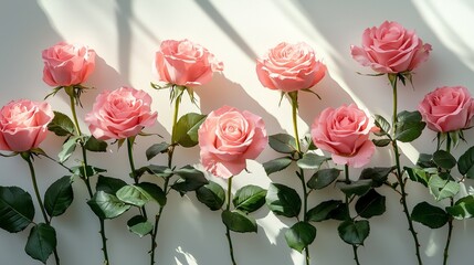 Obraz premium Beautiful Delicate Pink Roses with Shadows on Soft White Background