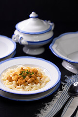 Traditional czech dish, chicken with paprika creamy sauce with pasta - typical for czech or middle europe.