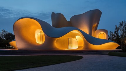 Abstract architectural form with flowing lines and organic shapes illuminated at night