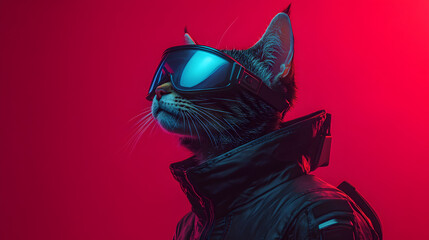 A cybernetic cat with sleek augmented reality glasses, glowing LED eyes, and a high-tech neon-lit cyberpunk environment reflecting in its digital fur