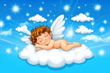 Pretty angel baby with wings resting on the cloud on a blue sky background