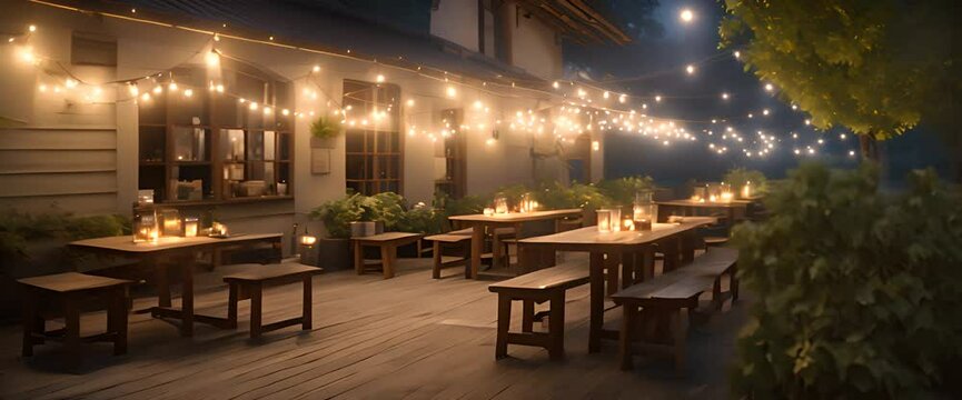 A photorealistic image of an outside hidden cafe at night, with twinkling fairy lights draped over rustic wooden tables