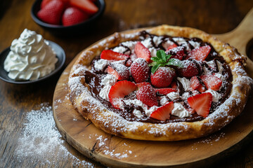 A dessert pizza topped with Nutella, fresh strawberries, and whipped cream. Ideal for dessert lovers, food styling, and unique culinary creations. 