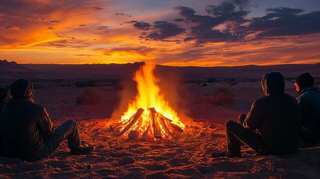 Group of friends gathered around a vibrant campfire at sunset in the desert