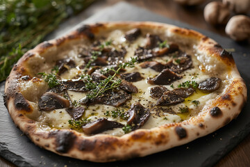 A pizza box filled with delicious pizza in the foreground, with friends enjoying a picnic in the background on a sunny day.
