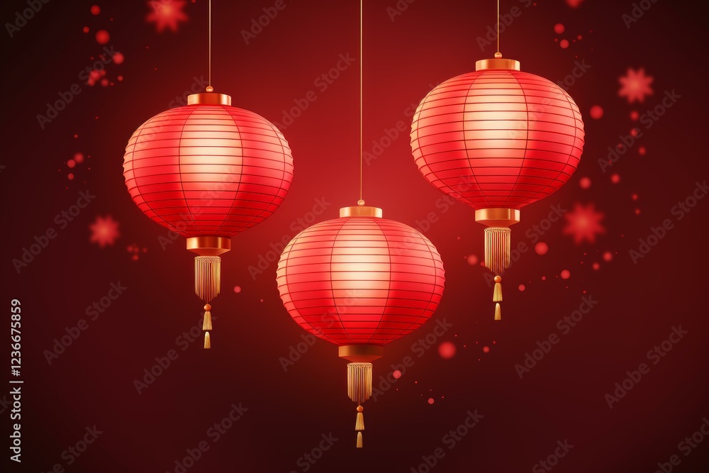 Poster three illuminated red chinese lanterns hanging on a dark red background create a festive atmosphere