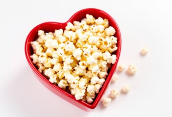 sample.Fresh popcorn in red heart-shaped bowl isolated on a transparent background Generative Ai.