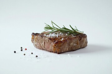 Juicy grilled steak, perfectly seasoned with salt, pepper, and fresh rosemary, set against a clean white background, highlighting its delicious appeal