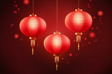 Three illuminated red chinese lanterns hanging on a dark red background create a festive atmosphere