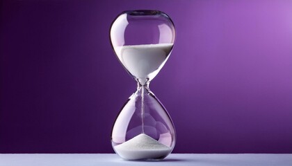Close up of hourglass with white sand and copy space on purple background. Time, timekeeping, shape and colour concept.