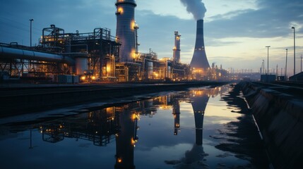 Fototapeta premium Industrial Night Reflection: A Twilight Panorama of a Refinery