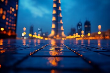 Night Cityscape Reflections on Wet Pavement